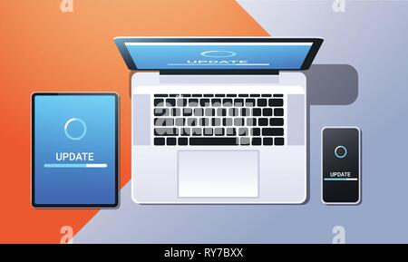 internet connection software installation new system update network technology concept top angle view desktop tablet smartphone laptop screen office Stock Vector