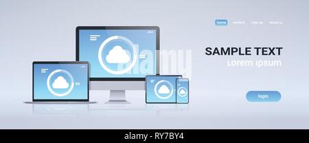 internet connection mobile and computer application cloud synchronization tablet smartphone pc screen digital network technology concept gray Stock Vector