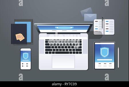 data protection internet security shield privacy information safety concept top angle view desktop laptop tablet smartphone screen secured access Stock Vector