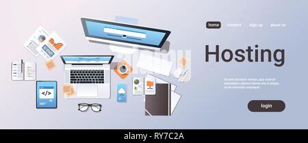 cloud data center computer connection hosting server database synchronize concept top angle view desktop laptop smartphone tablet screen office stuff Stock Vector