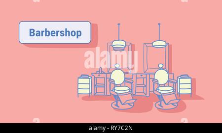retro style haircut chairs modern beauty salon interior barbershop empty no people hairdressing contemporary room sketch doodle horizontal Stock Vector