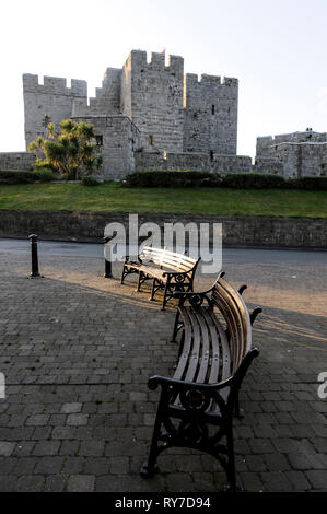 The 12th/13th century medieval built Castle Rushen in the centre of Castletown on the south coast of the Isle of Man, Britain.  It is now used as an e Stock Photo