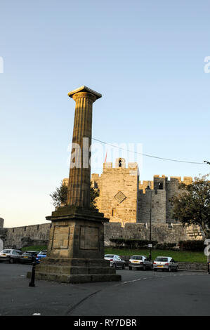 The 12th/13th century medieval built Castle Rushen in the centre of Castletown on the south coast of the Isle of Man, Britain.  It is now used as an e Stock Photo