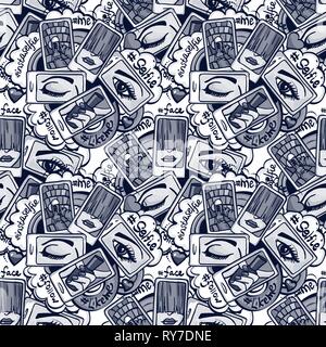 Vector seamless pattern of smartphone with photos selfie.Hashtags selfie. Stock Vector