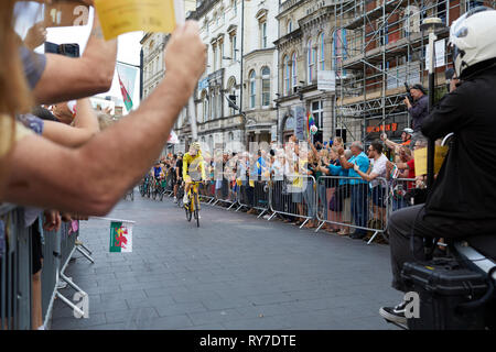 Welcome Home G, a victory parade in Cardiff for Tour de France cycling winner Geraint Thomas. Taking within the crowds on St Mary St. Stock Photo