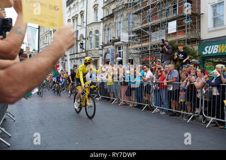 Welcome Home G, a victory parade in Cardiff for Tour de France cycling winner Geraint Thomas. Taking within the crowds on St Mary St. Stock Photo