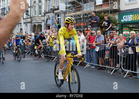 Welcome Home G, a victory parade in Cardiff for Tour de France cycling winner Geraint Thomas. Taking within the crowds on St Mary St. Stock Photo