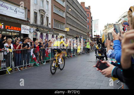 Welcome Home G, a victory parade in Cardiff for Tour de France cycling winner Geraint Thomas. Taking within the crowds on St Mary St. Stock Photo