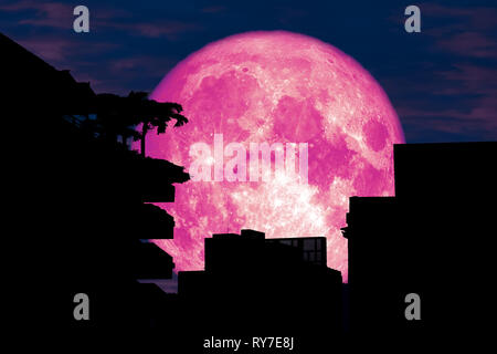 pink moon back silhouette building over tree night red sky, Elements of this image furnished by NASA Stock Photo