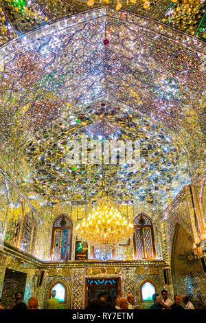 Shiraz Sayyed Alaeddin Hossein Mosque Mirror Mosaics Ceiling and Chandelier Stock Photo