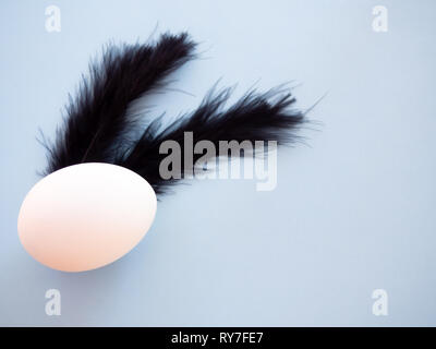 An egg with black feathers on a pastel blue background Stock Photo
