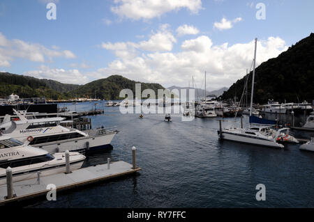 Picton Marina almost at the head of the Queen Charlotte Sound in the Marlborough region of New Zealands South Island. Stock Photo