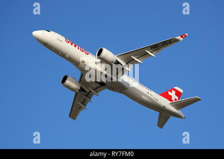 Swiss International Air Lines Airbus A220 HB-JCJ taking off from London Heathrow Airport, UK Stock Photo