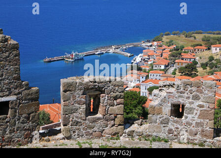Molyvos town, in Lesvos island, Greece. Panoramic view from the medieval castle of the village. Stock Photo