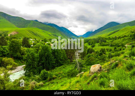 Ala Archa Alpine National Park Landscape with Tian Shan Mountain Range Forest River Stock Photo