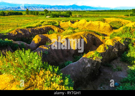 Tokmok Chuy Valley Burana Tower Minaret Ruins Excavations Landscape at Sunset with Kyrgyz Alatoo Mountain Range at Background Stock Photo