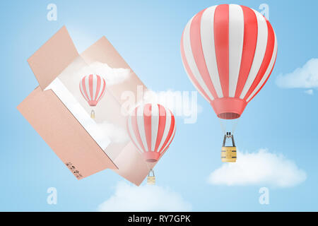 3d rendering of three striped hot-air balloons and several white clouds flying out of a big cardboard box in the blue sky. Stock Photo