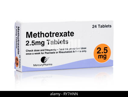 LONDON, UK - MARCH 11, 2019: Pack of Methotrexate Tablets on white Stock Photo