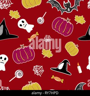 halloween seamless pattern background with pumpkin, bat, lollipop, ghost. Hand drawing elements Stock Vector