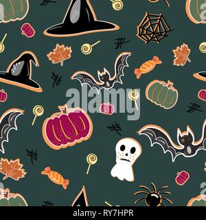 halloween seamless pattern background with pumpkin, bat, lollipop, ghost. Hand drawing elements Stock Vector