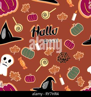 halloween seamless pattern background with pumpkin, bat, lollipop, ghost. Hand drawing elements Stock Vector