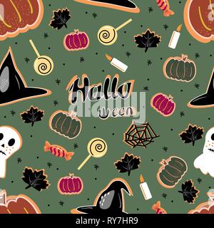 halloween seamless pattern background with pumpkin, bat, lollipop, ghost. Hand drawing elements Stock Vector