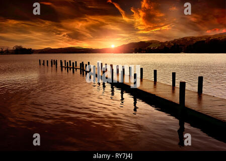 Sunset over Coniston Water, English lake District. Stock Photo