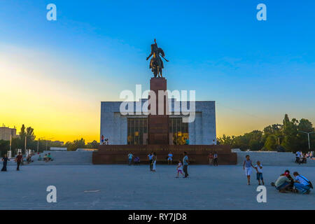 Bishkek Ala Too Square with People Hero Manas Statue and Kyrgyz State History Museum View Point Stock Photo
