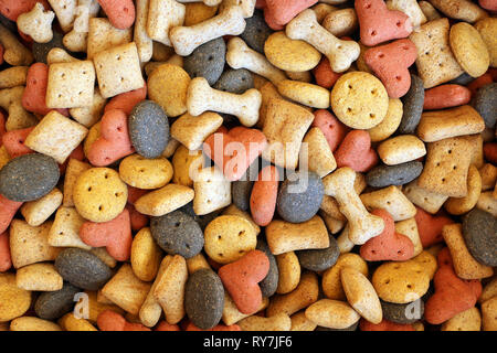 Overhead view of various dog biscuits Stock Photo