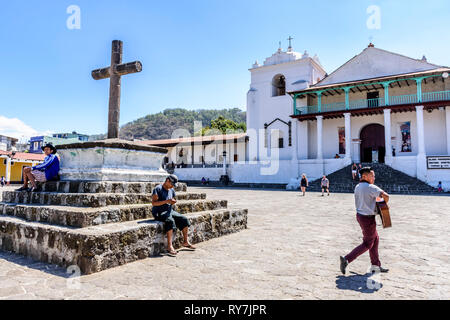 Santiago Atitlan, Lake Atitlan, Guatemala - March 8, 2019: Catholic church & plaza in lakeside town in Guatemalan highlands. Stock Photo