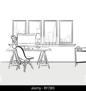 Empty home office. Hand drawn vector illustration. Series of sketched business backgrounds. Stock Vector