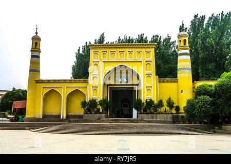 Kashgar Yellow Colored Id Kah Mosque Main Gate Entrance View Point with Two Minaret Stock Photo