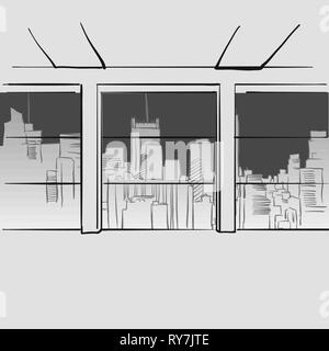 Office with big windows and skyline in background. Hand drawn vector illustration. Series of sketched business backgrounds. Stock Vector