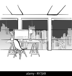Office concept with creative desk. Hand drawn vector illustration. Series of sketched business backgrounds. Stock Vector