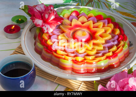 Kind of Thai sweetmeat or Thai dessert, Multi Layer Sweet Cake or Layer Sweet Cake (Kanom Chan) Stock Photo
