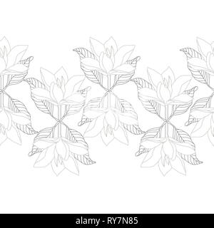 Monochrome Magnolia Flower Seamless Border. Unique Design Line Drawing Stock Vector