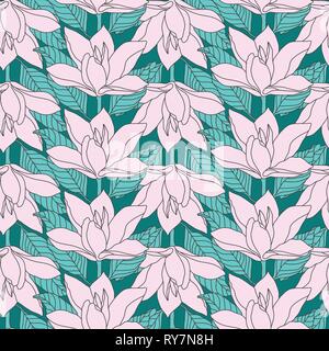 Pink Magnolia Line Drawing Flower Seamless Pattern. Unique Design Wallpaper Stock Vector