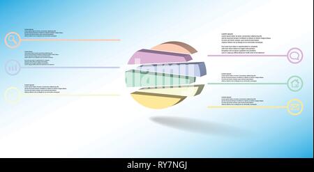 3D illustration infographic template. The embossed circle is randomly divided to six shifted color parts. Object is arranged on blue white background. Stock Vector