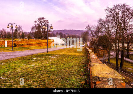 Slavkov u Brna Castle Palace Exit Walkway Viewpoint with Blue Cloudy Sky at Wintertime Stock Photo