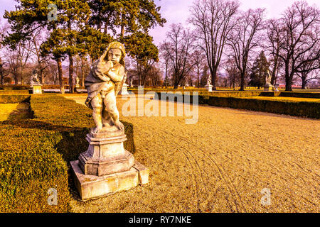 Slavkov u Brna Castle Palace Garden Sculpture Viewpoint with Blue Cloudy Sky at Wintertime Stock Photo