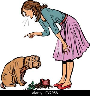 Woman scolds guilty dog. Broken pot with flower isolate on white background Stock Vector