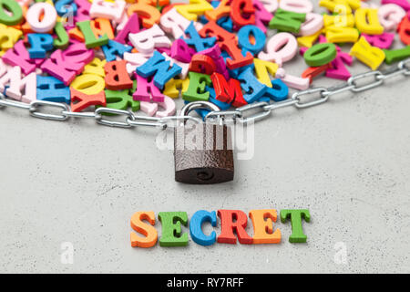 Secret Information. Letters of information symbol wrapped in chain and locked. Stock Photo
