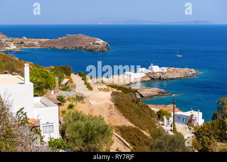 View of Chrisopigi Monastery on south east coastline of Sifnos. Cyclades, Aegean Sea, Greece, Europe Stock Photo