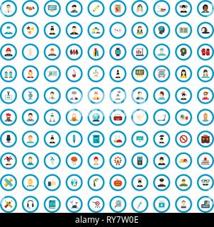 100 feeling training icons set, flat style Stock Vector