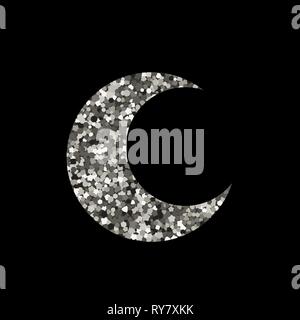 Moon icon on black background. Silhouette of silver spangle. Vector illustration Stock Vector