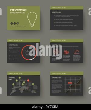 Vector Template for presentation slides with graphs and charts - dark retro color version Stock Vector