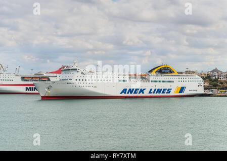 Piraeus, Greece - November 1, 2017: Passenger/Ro-Ro Cargo Ship Elyros of the company Anek Lines Ferries, docked at the port of Piraeus, Greece. Stock Photo