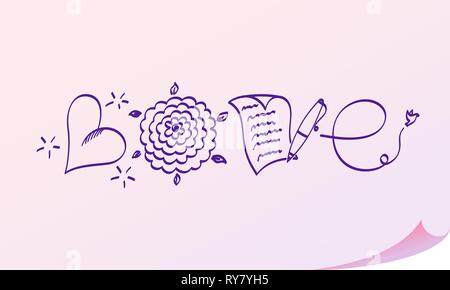 Typography lettering word love inscription from different objects on . L - balloon, O - flower, V - written paper and pen, E - trail form flying bird. Stock Vector