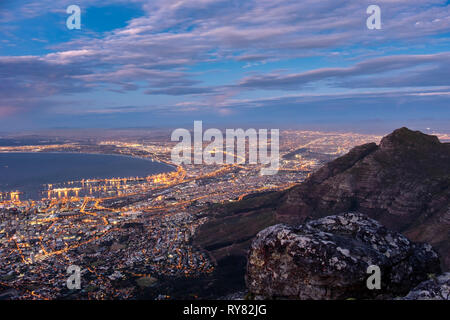 The Devils Peak and City of Cape Town from Table Mountain at sunset, Cape Town, Western Cape, South Africa Stock Photo