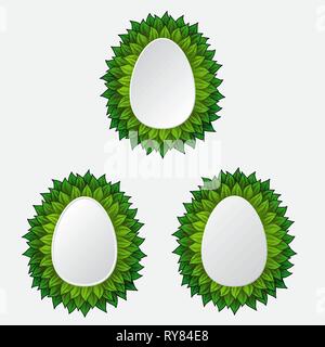 Three white Easter eggs with different leaves outside Stock Vector